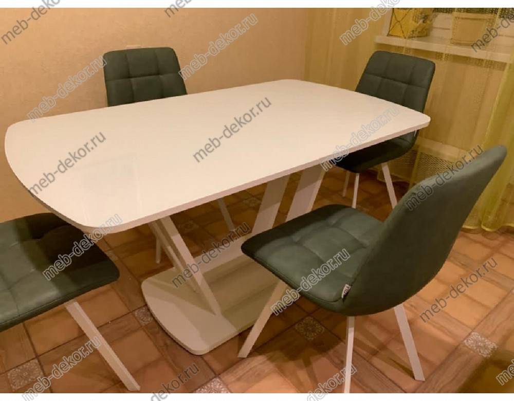 Обеденная группа КАБИ и 4 стула CHILLI SQUARE RU-01 МАЛАХИТ, PU/ БЕЛЫЙ КАРКАС