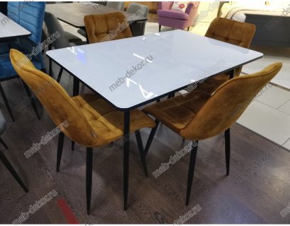 Обеденная группа LS122 стекло белое и 4 стула CHIC PK6015-11 (VBP211) античная медь, велюр — фото 1
