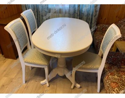 Обеденная группа Презент и 4 стула Дионис белый/ ткань Santa Izumrud — фото 1