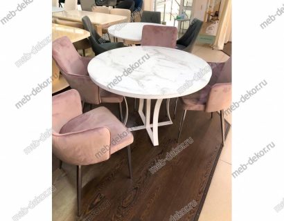 Обеденная группа Нейтон белый мрамор и 4 стула Benza purple fabric — фото 3
