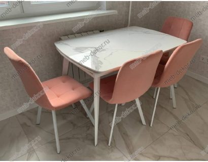 Обеденная группа ELIOT 120 GLOSS STATUARIO WHITE SINTERED STONE и 4 стула Bruk light pink — фото 1