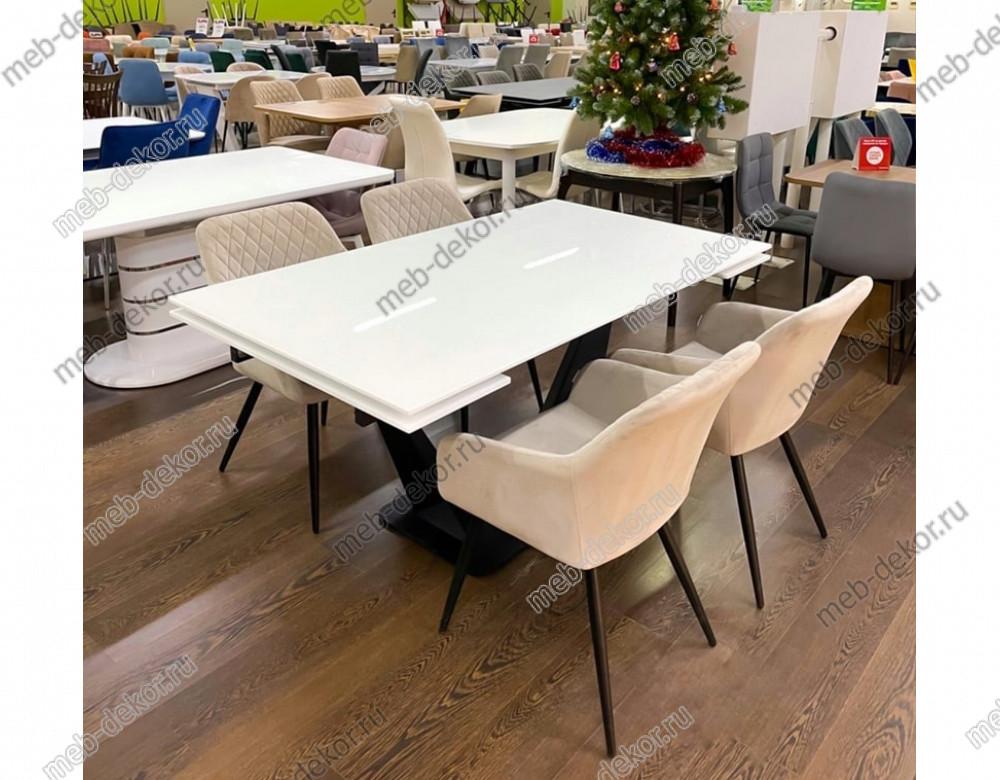 Обеденная группа Ниагара 140/160 белый стекло и 4 стула Brandy BLUVEL-40 бежевый/ черный каркас