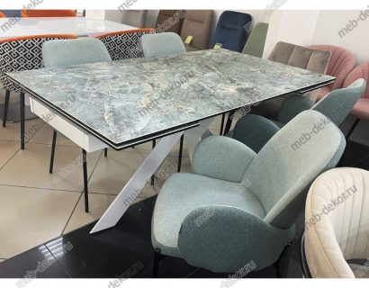 Обеденная группа BELLUNO 160 KL-170 MALACHITE, итальянская керамика и 4 стула NIKKI VF113 светлая мята / VF115 серо-зеленый — фото 1