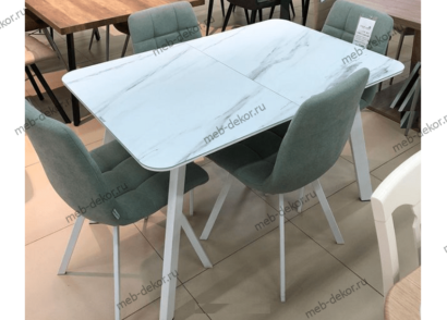 Обеденная группа ARUBA 140 и 4 стула CHILLI SQUARE мятный, ткань UF860-11B/белый — фото 1