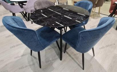 Обеденная группа SFC100 черный мрамор и 4 стула 209 B8 BLUE, ножки черные — фото 1