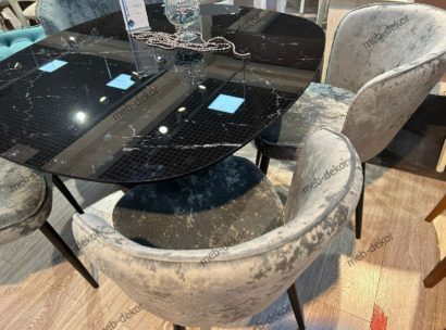 Обеденная группа SFK110 черный мрамор и 4 стула 347 микровелюр M13 светло-серый, ножки черные — фото 5