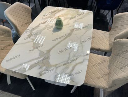 Обеденная группа SFA120 стекло опал глянец и 4 стула 339 поворотный B03 BEIGE, ножки белые — фото 4